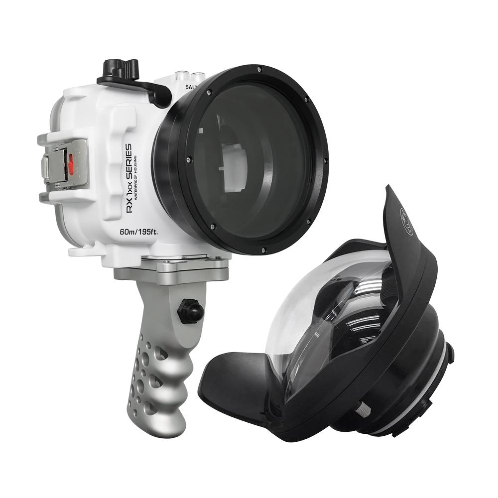 60M/195FT Waterproof housing for Sony RX1xx series Salted Line with Aluminium Pistol Grip & 6" Dry Dome Port(White)