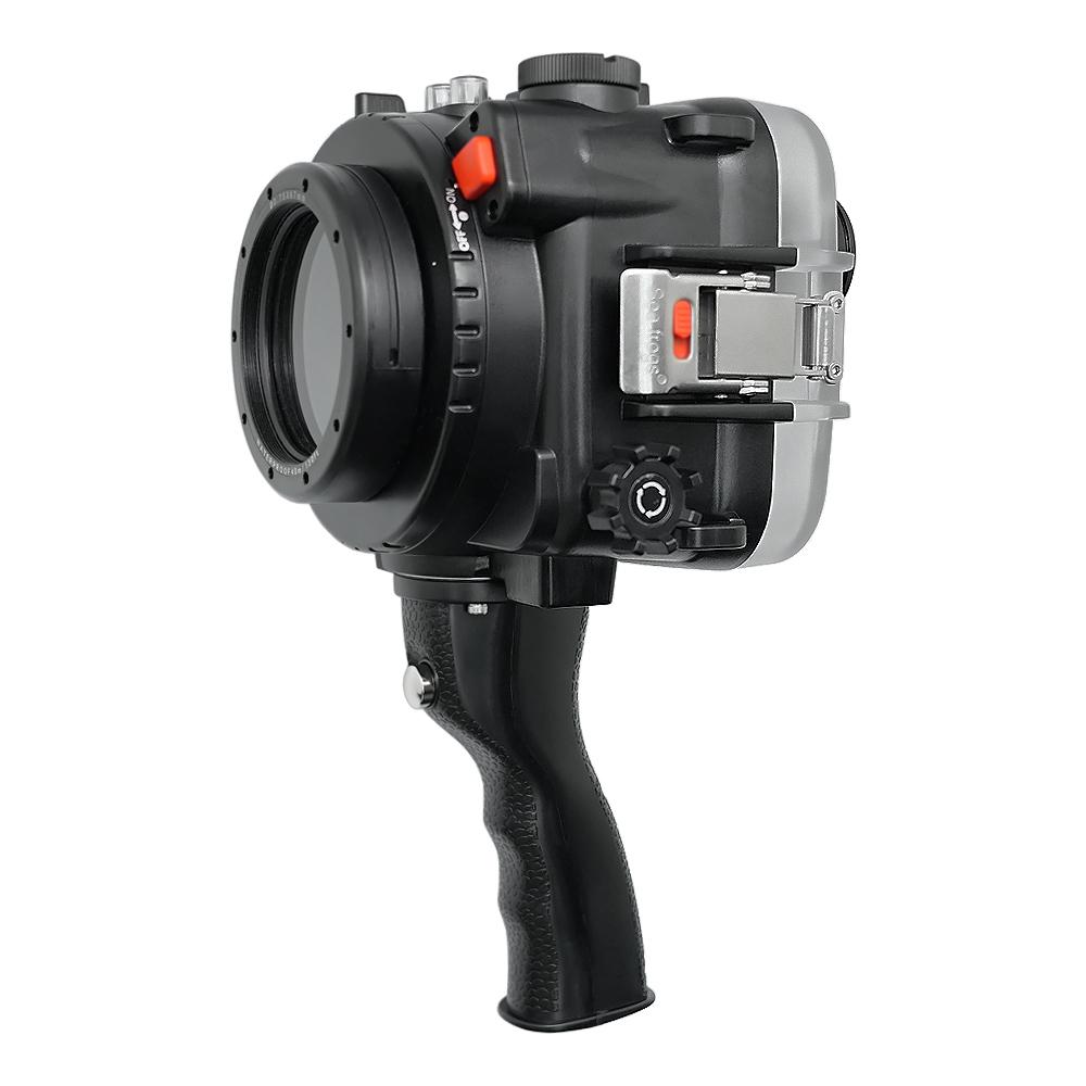 Sony A6600 SeaFrogs 40M/130FT UW housing with 6" Dry Dome Port for E10-18mm lens (zoom gear included), Standard port for E16-50mm (zoom gear included) and with Pistol Grip. Surf